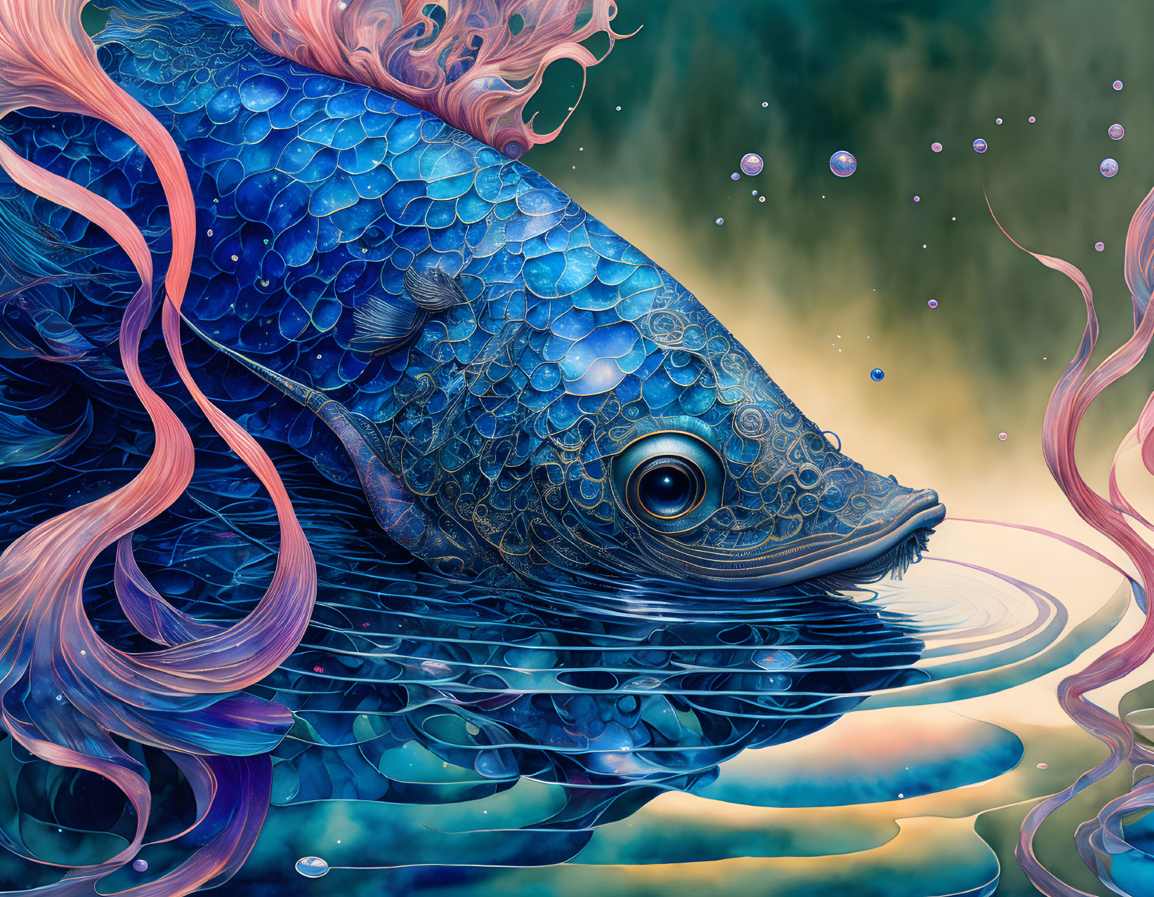 Detailed digital artwork of fantastical blue fish with pinkish-purple tendrils against soft bokeh background.