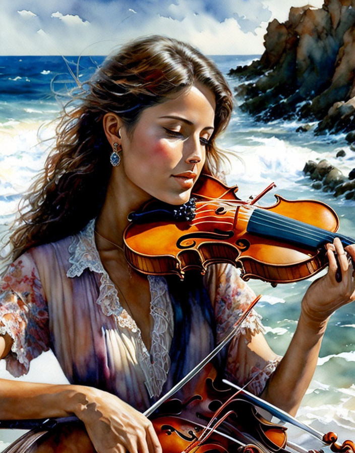 Woman with flowing hair playing violin by crashing waves and rocky cliffs