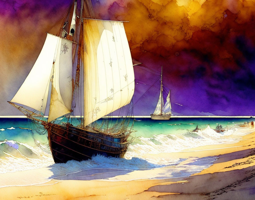 Vivid watercolor painting of sailing ships on tumultuous sea