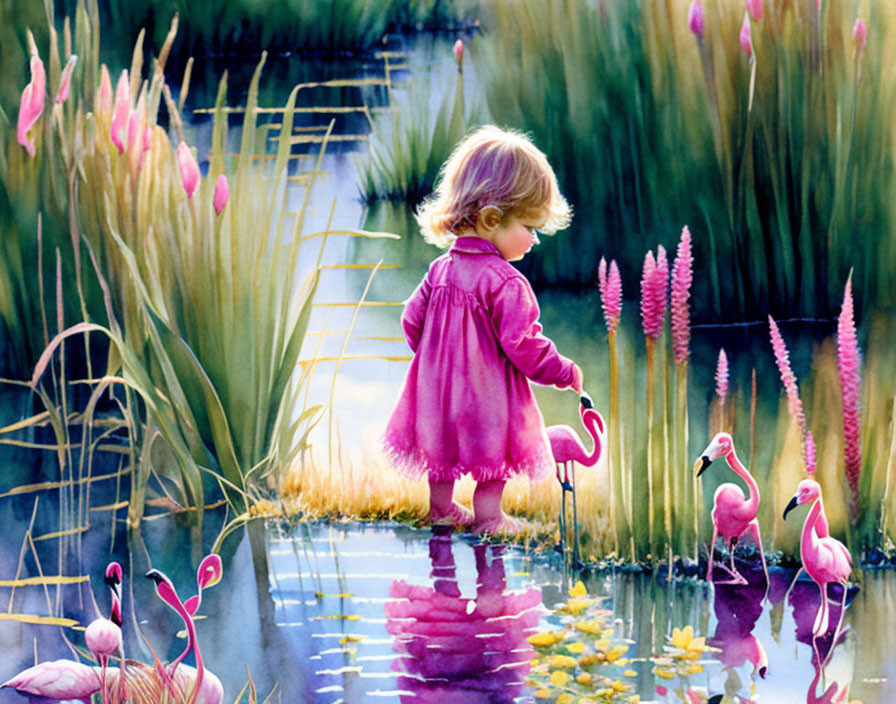 Child in Purple Dress with Flamingo Toy by Pond with Real Flamingos