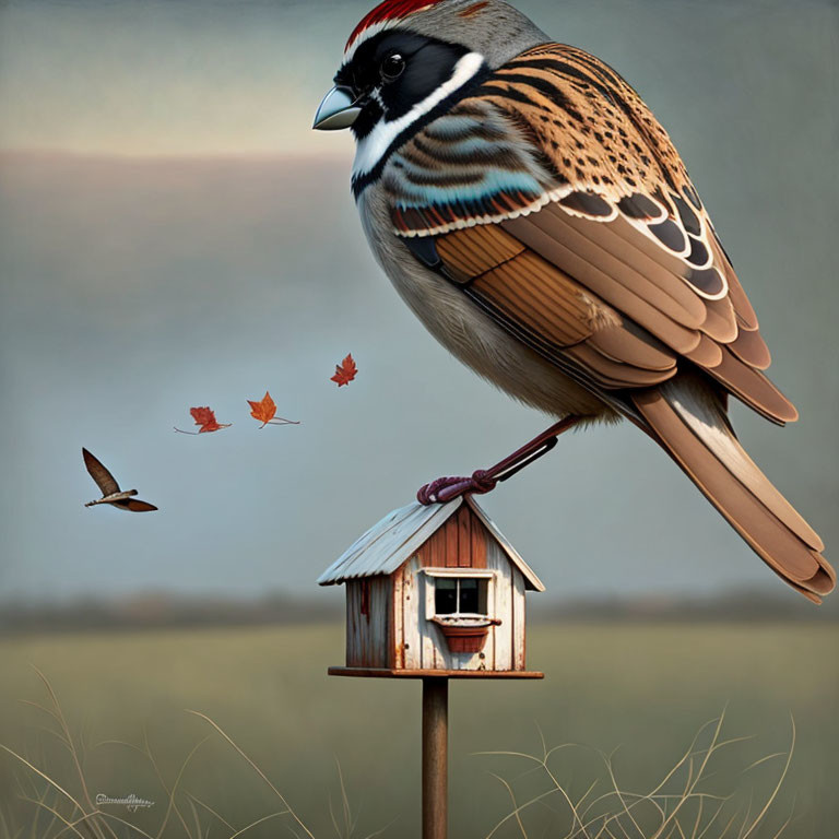 Detailed bird perched on birdhouse post with flying bird and leaves in background