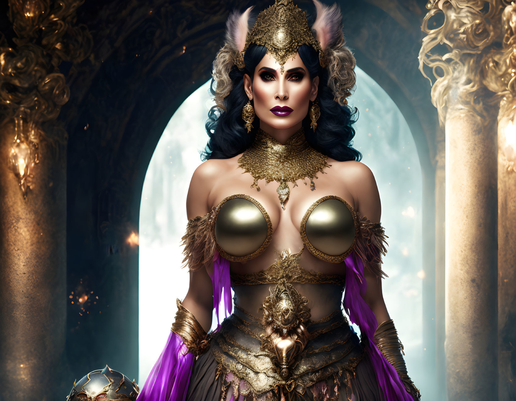 Dark-haired female figure in regal gold and purple attire with ornate accessories and mystical backdrop.