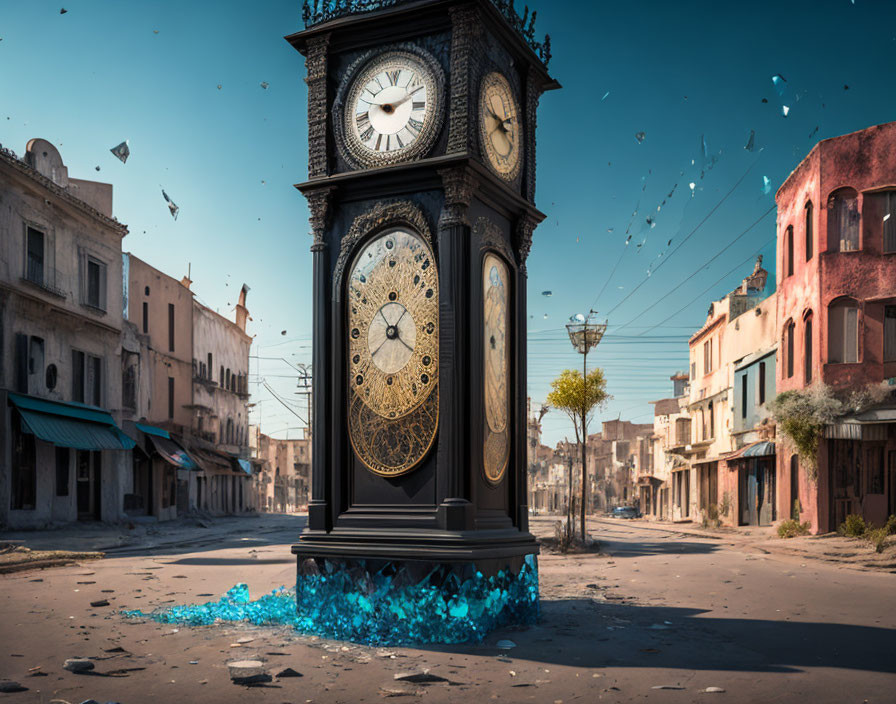 Ornate clock in deserted street shattering into blue fragments