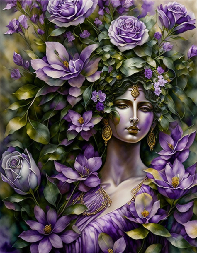 Portrait of a Woman with Purple Flower Elements