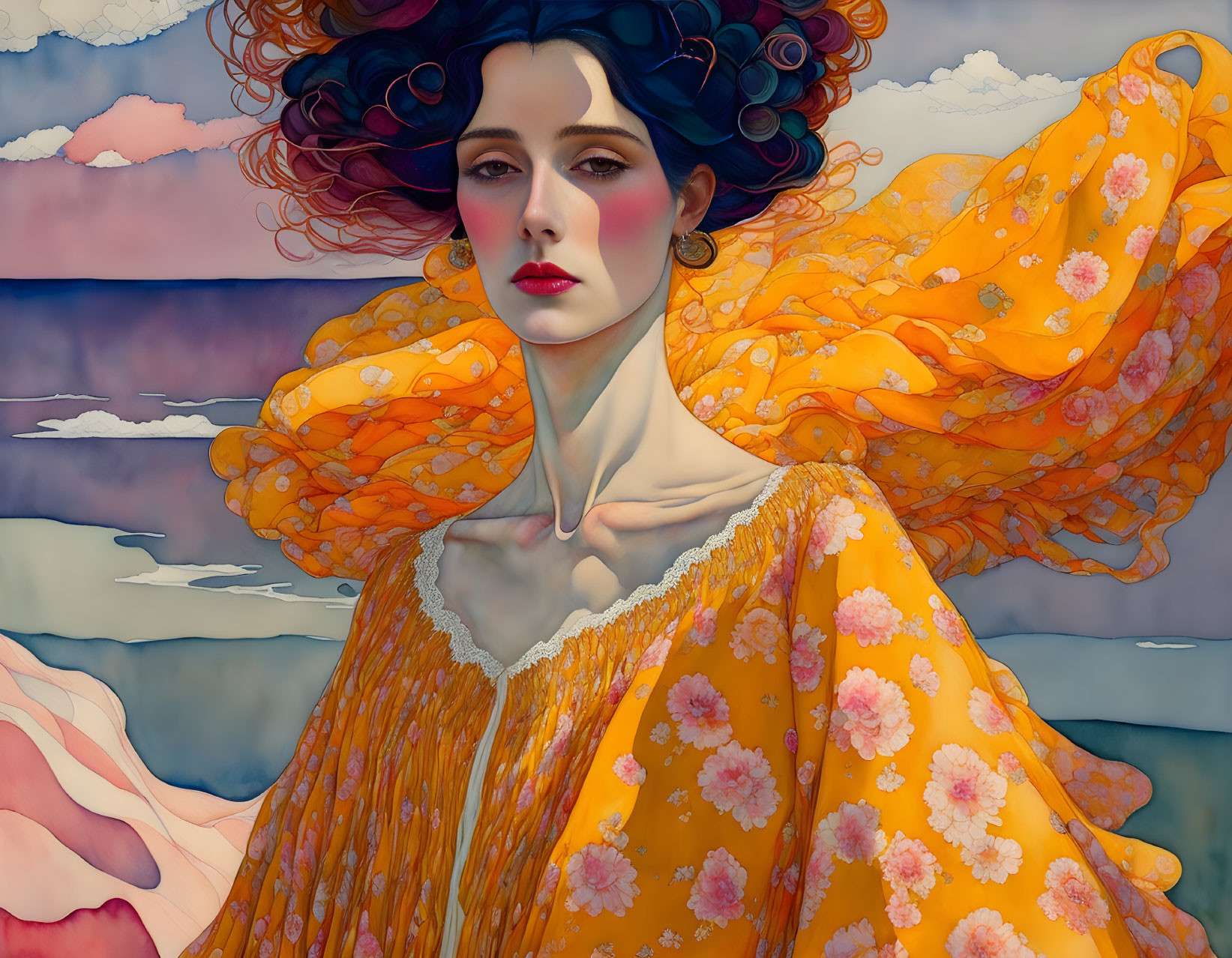 Illustrated portrait of woman in orange garments with dark hair on pastel cloudscape