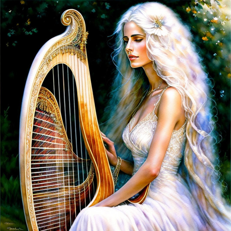 Woman with Long White Hair Playing Golden Harp in Lush Green Setting