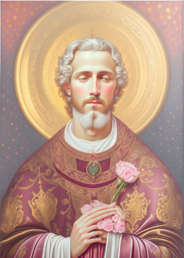 Saintly figure portrait with halo, pink roses, and religious robes.