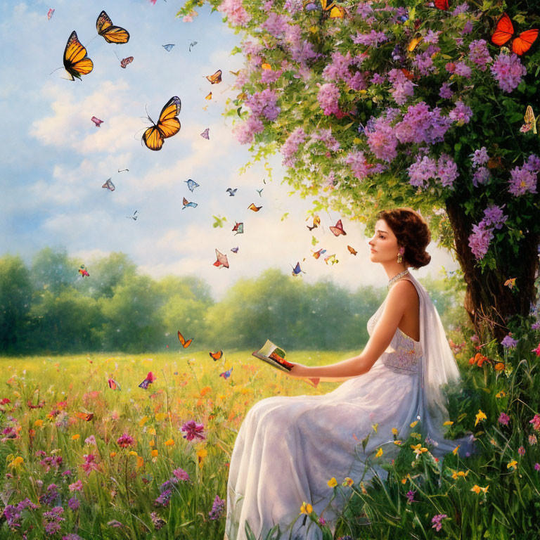 Woman in white dress reading book in flower-filled meadow with butterflies