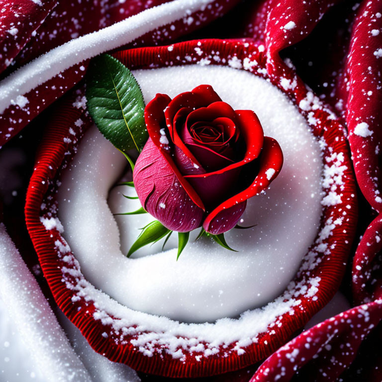 Red rose and green leaf on white snow with red and white fabric spiral.