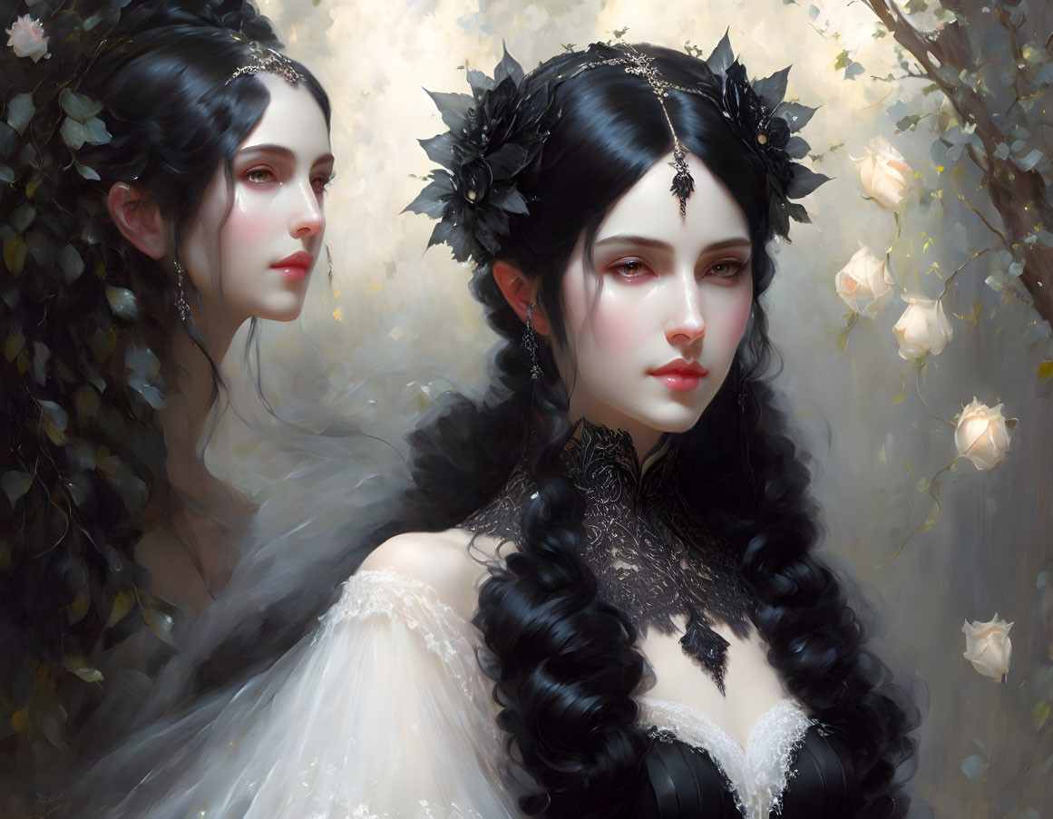 Two Women with Dark Hair and Black Floral Accessories in Dreamy Background