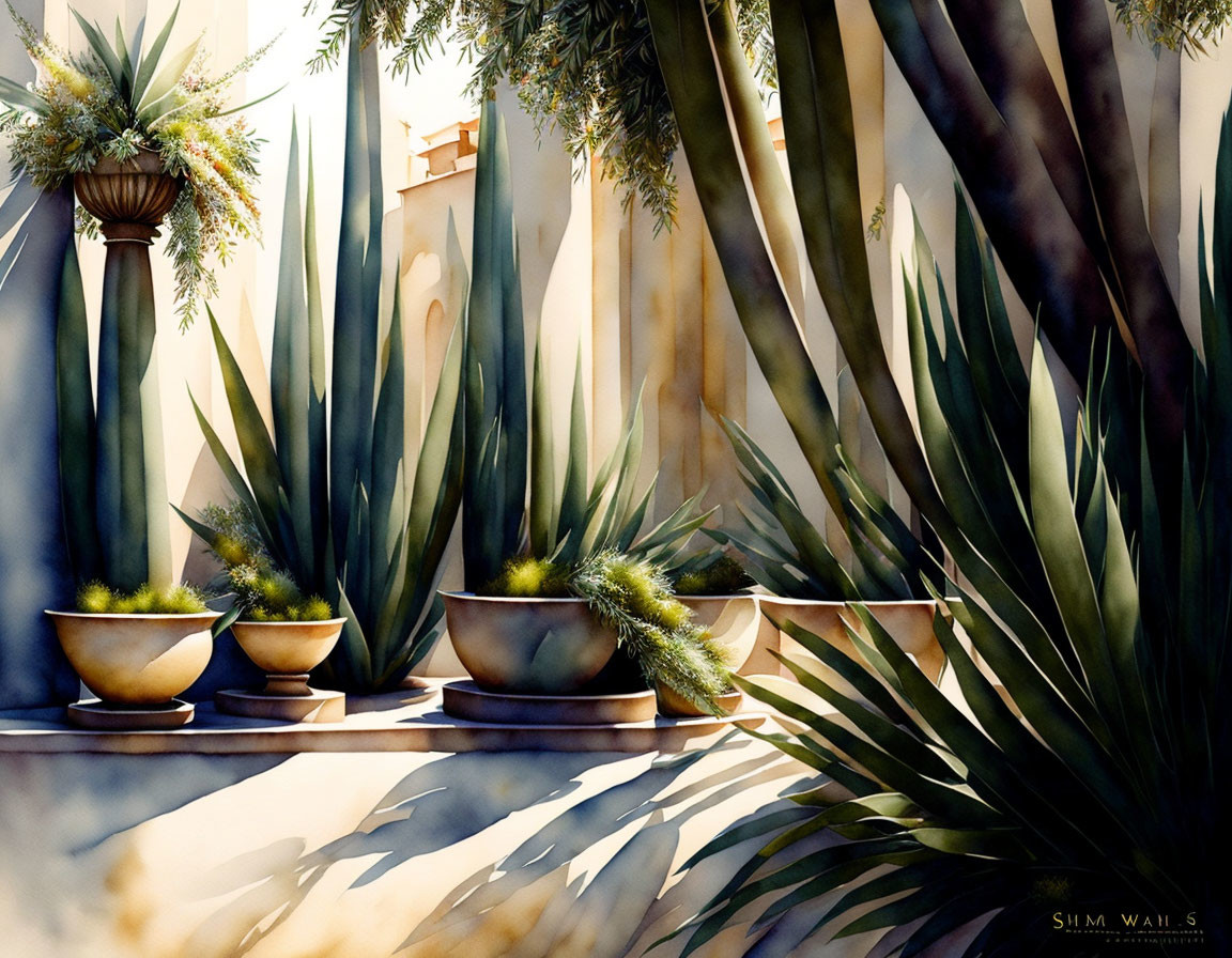 Watercolor painting of potted plants and greenery with Spanish-style architecture