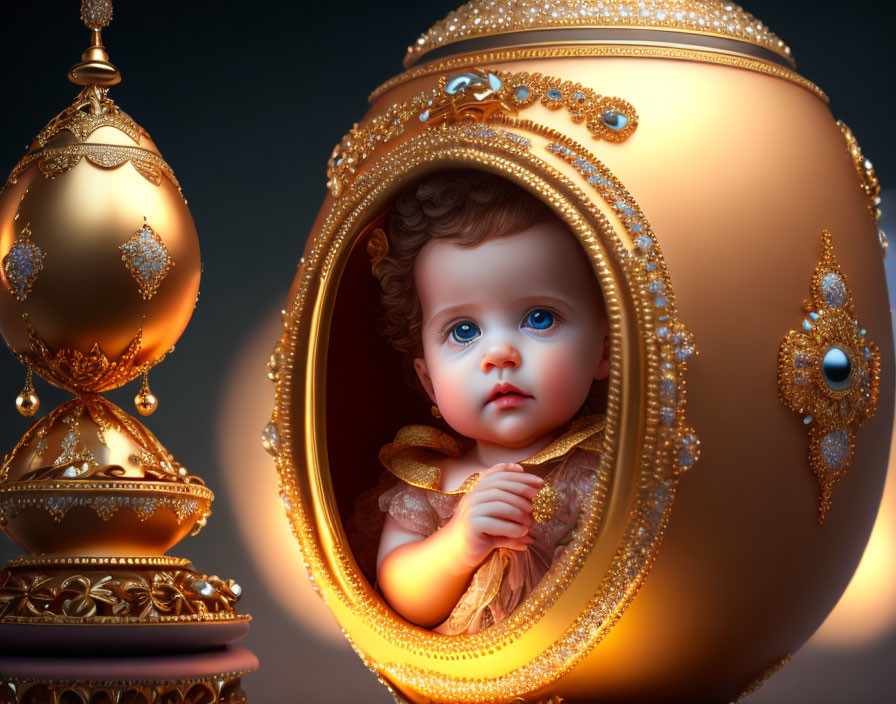 Digital artwork: Baby in ornate golden egg with intricate designs