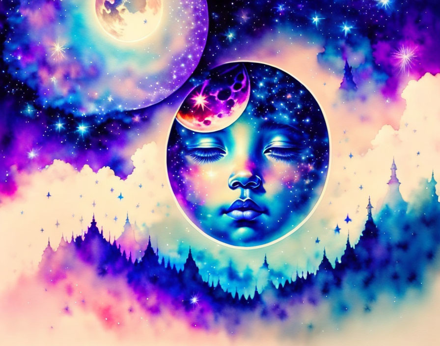 Cosmic illustration: serene face in moon with stars, nebulae, pine trees