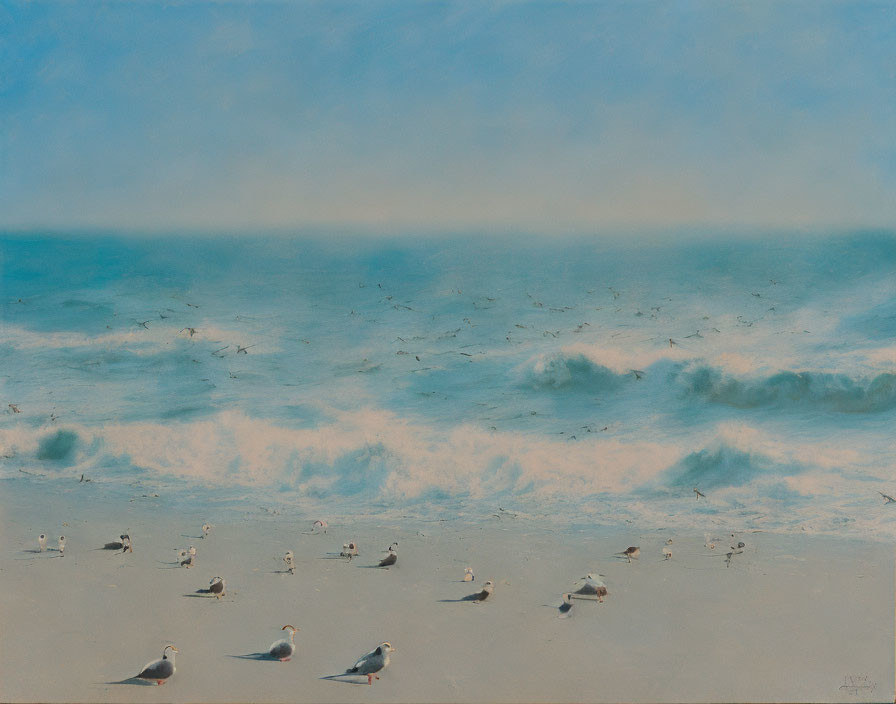 Tranquil beach scene with seagulls, ocean waves, and blue sky