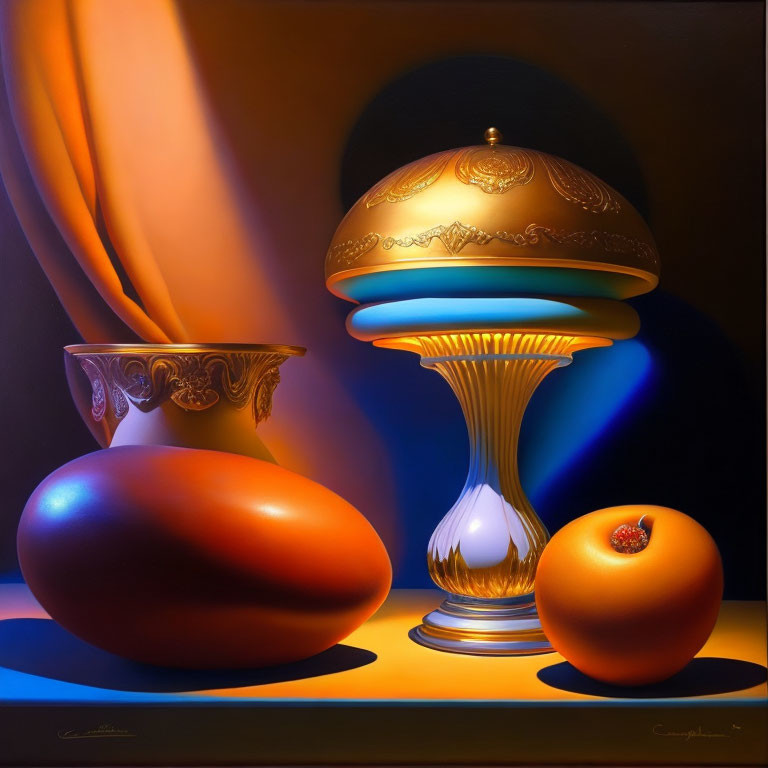 Golden ornate lamp, amber vase, drapery, fruits on reflective surface - dramatic still life