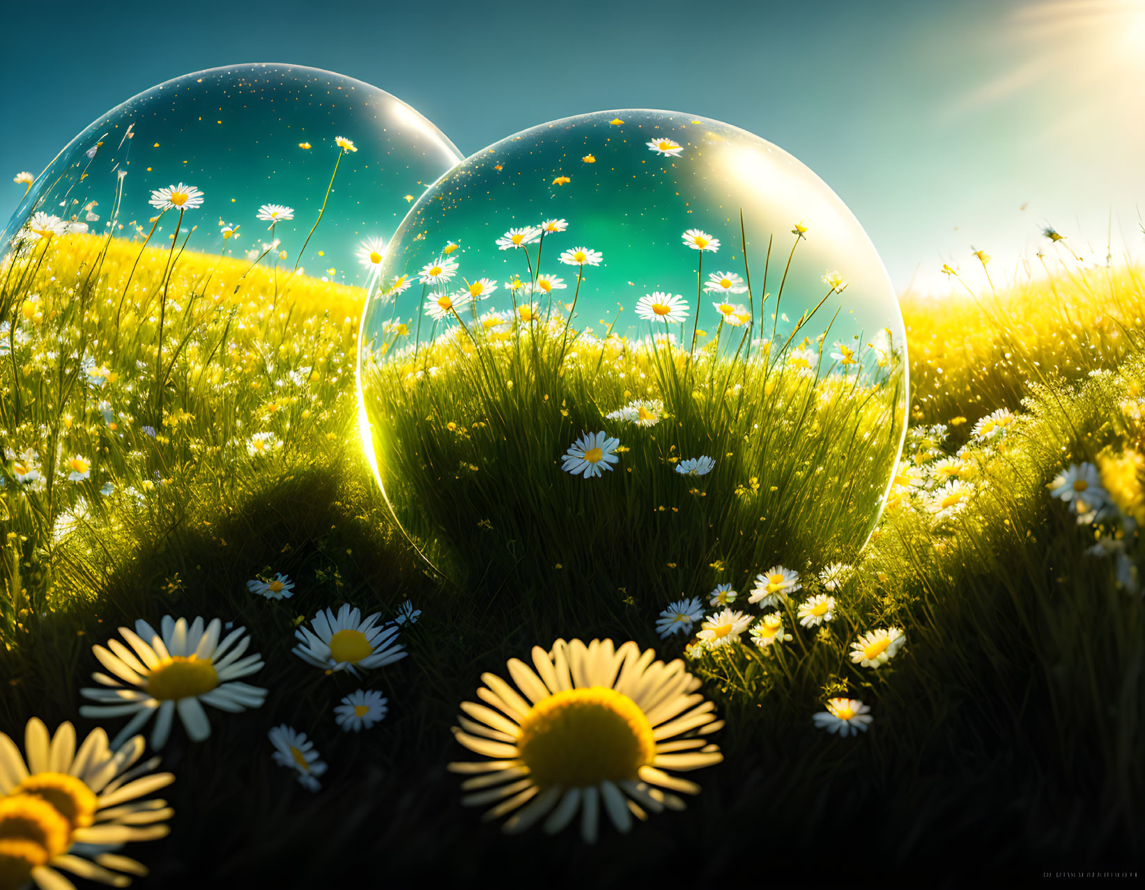 Tranquil grass field with daisies and reflective bubbles under bright sky