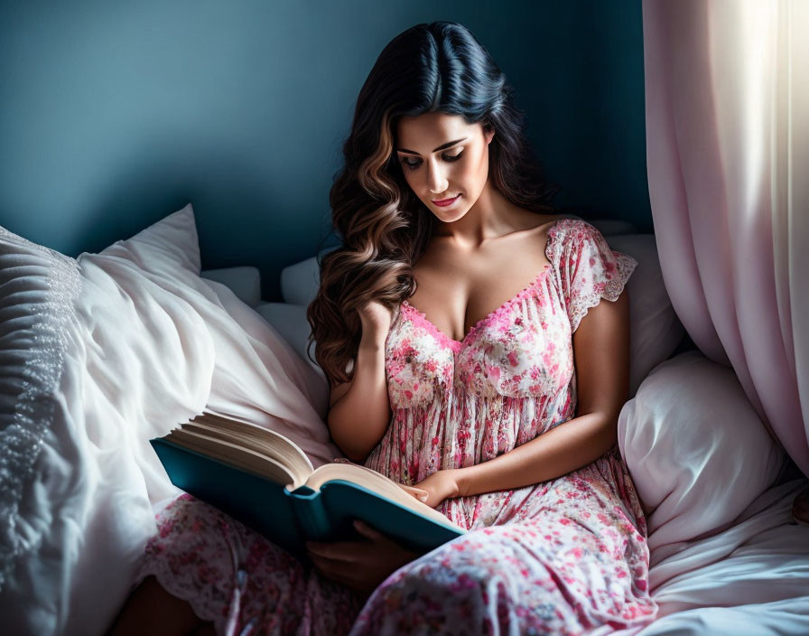 Woman in Floral Dress Reading Book on Bed with Soft Light