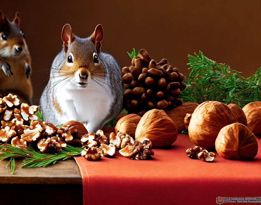 Two squirrels with nuts and pinecones on red surface