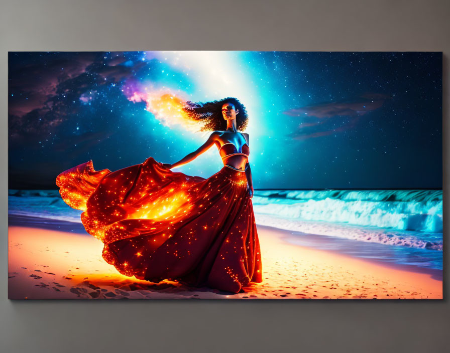 Woman in flowing orange dress on beach merges with cosmic nebula at night