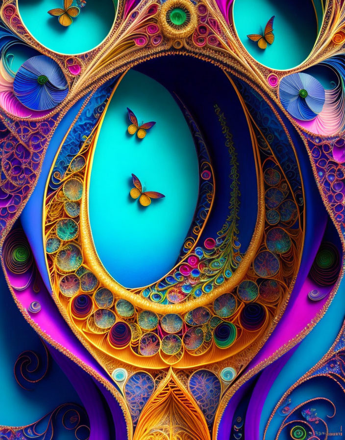 Colorful fractal image with swirling blue, purple, and gold patterns and illustrated butterflies.