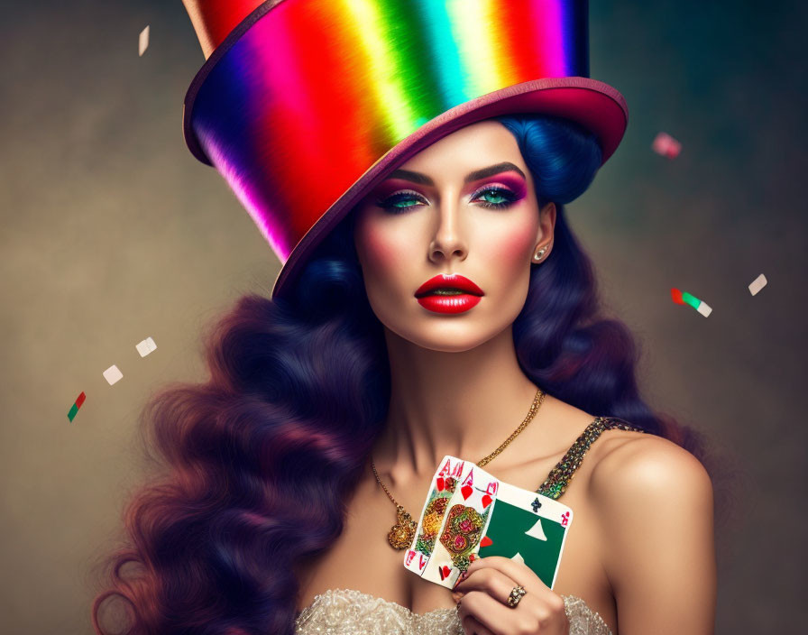 Woman in bold makeup with playing cards and confetti on brown backdrop