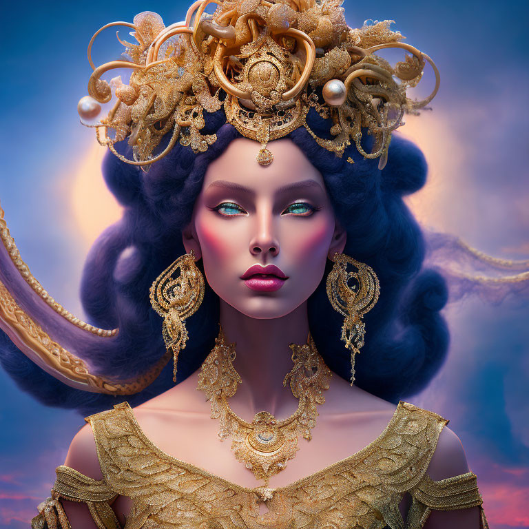 Elaborate gold headgear portrait of regal woman in blue-purple sky