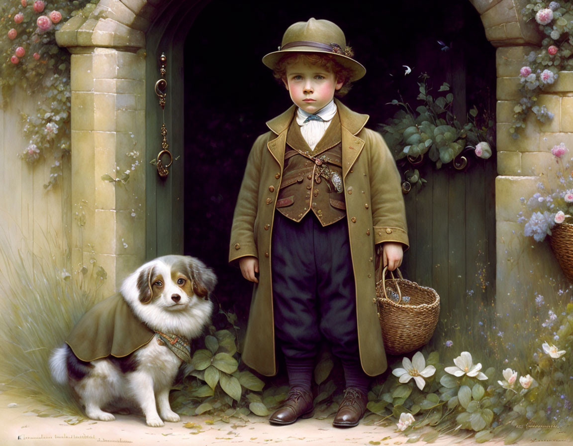 Young boy and dog with basket near arched doorway and flowers