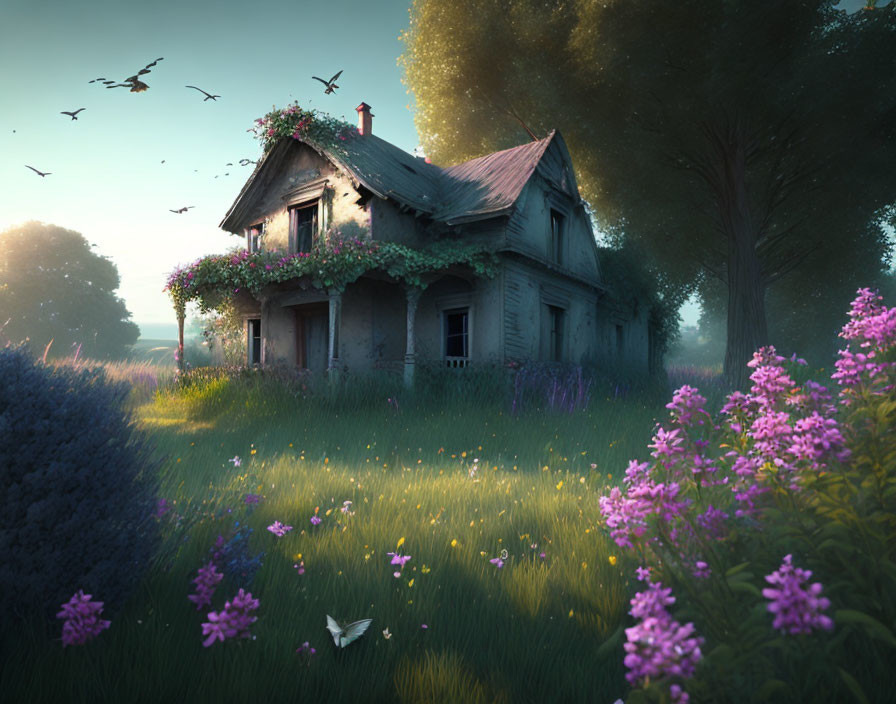 Picturesque Cottage in Lush Meadow at Sunrise with Birds