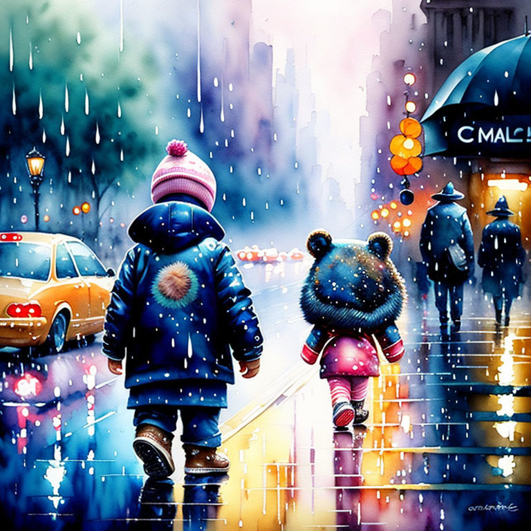 Child and Teddy Bear Animated Figures Walking in Rainy City Street