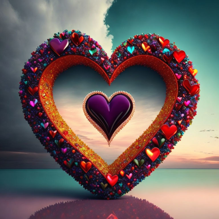 Heart-shaped frame with colorful hearts on twilight sky reflection.