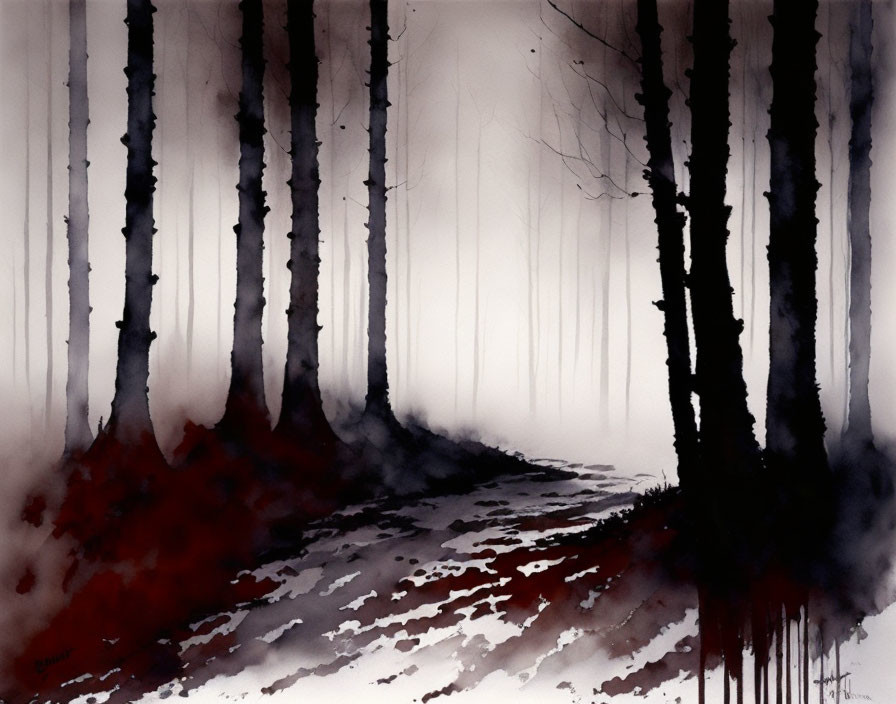 Monochrome Watercolor Painting of Misty Forest Path