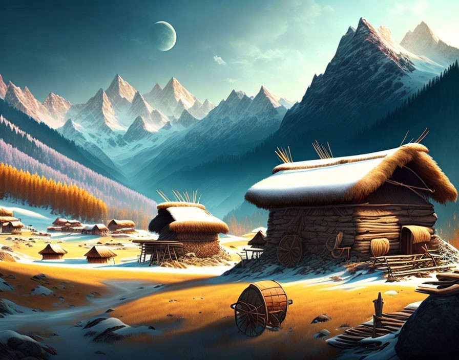 Fantastical landscape with thatched huts, mountains, moon, and figure by water