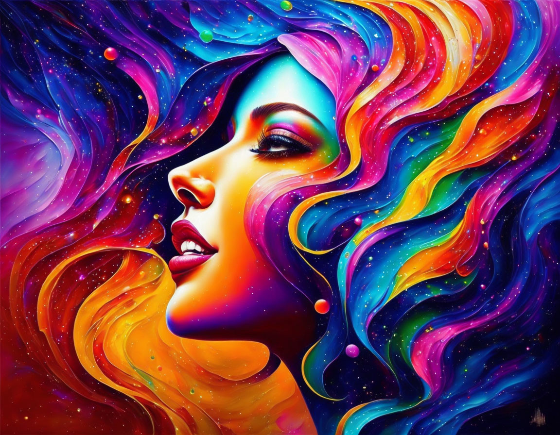 Colorful artwork: Woman with flowing hair in cosmic background.