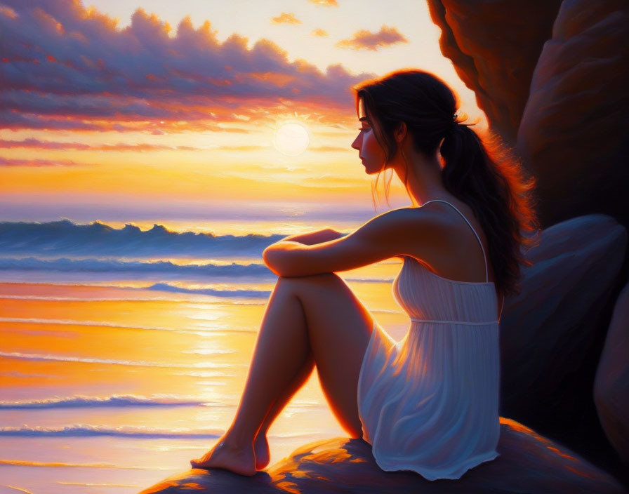 Woman in White Dress Watching Vibrant Ocean Sunset