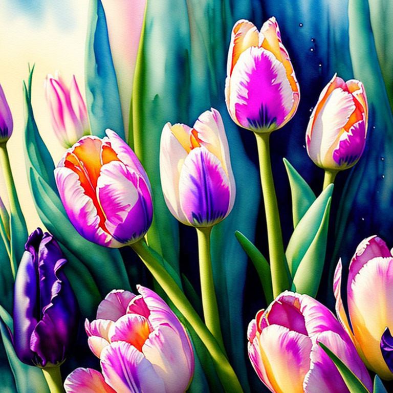 Colorful tulip painting with pink, purple, and white hues on a garden-themed background