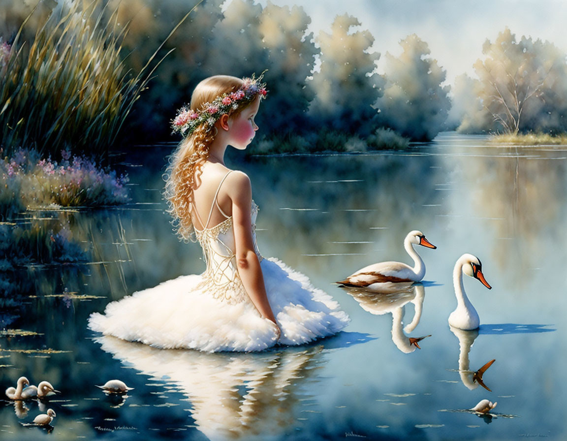 Young girl in white dress by tranquil pond with swans and cygnets.