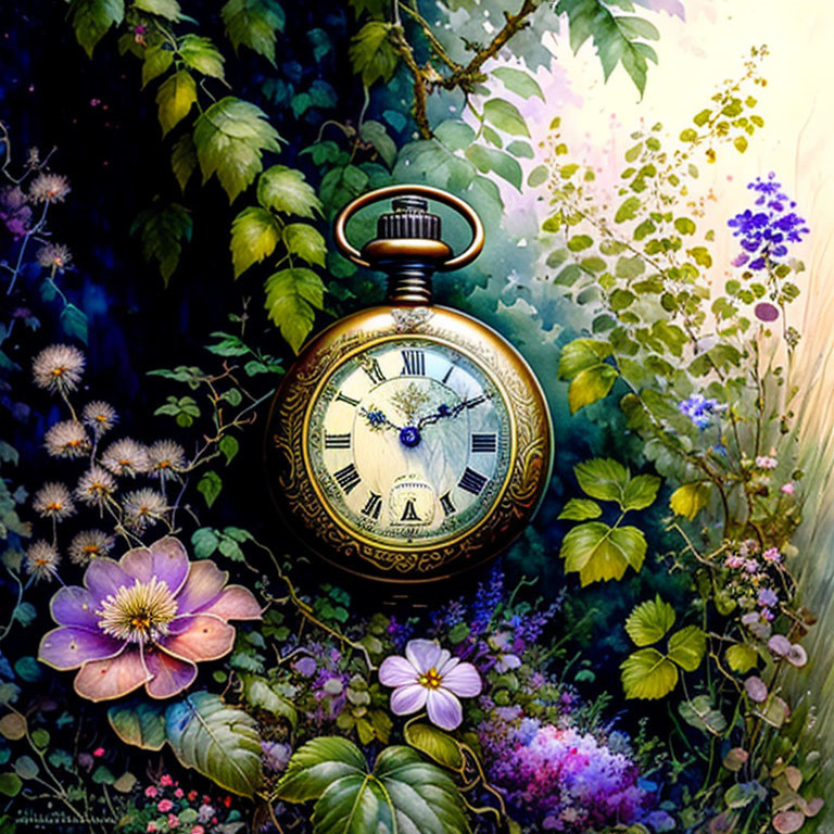 Antique Pocket Watch Surrounded by Fantastical Flora in Enchanted Forest