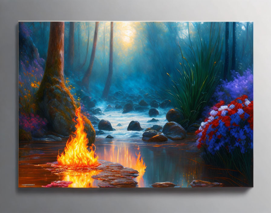 Colorful fantasy artwork: Mystical forest, small fire, vibrant flora, misty stream, eth