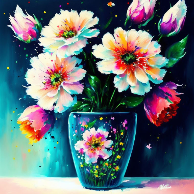 Colorful Flower Bouquet Painting on Dark Background with Splattered Accents