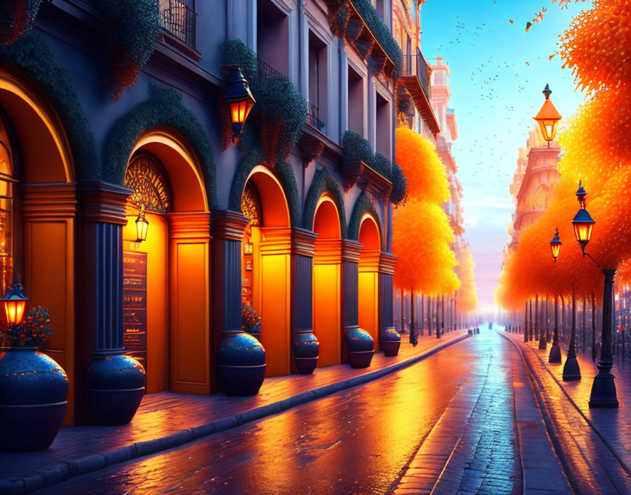 Picturesque Dusk Scene: Illuminated Lamps, Orange Trees, Archways, and Warmly