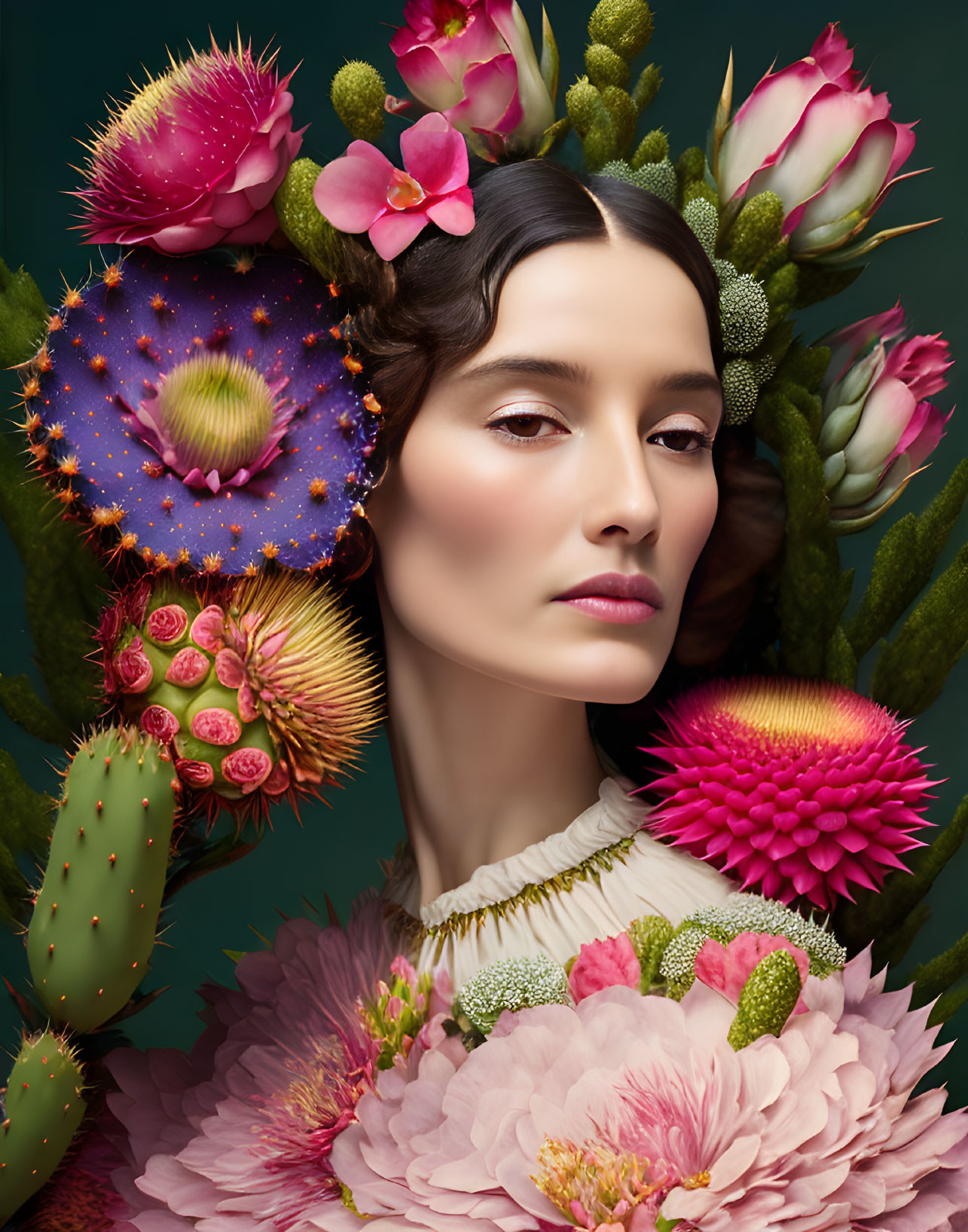 Serene woman with vibrant flowers and cacti on dark green background