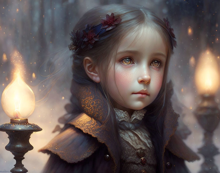 Young girl with floral crown, lanterns, and snowy backdrop.