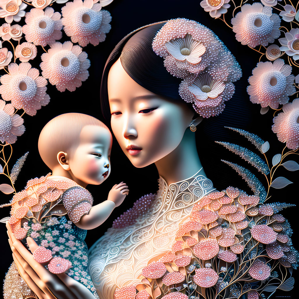 Mother and baby embraced by floral patterns in pink, white, and gold.