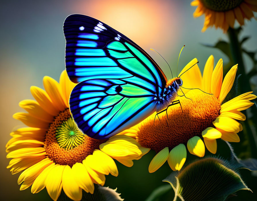 Colorful Butterfly on Yellow Sunflower in Blurred Background