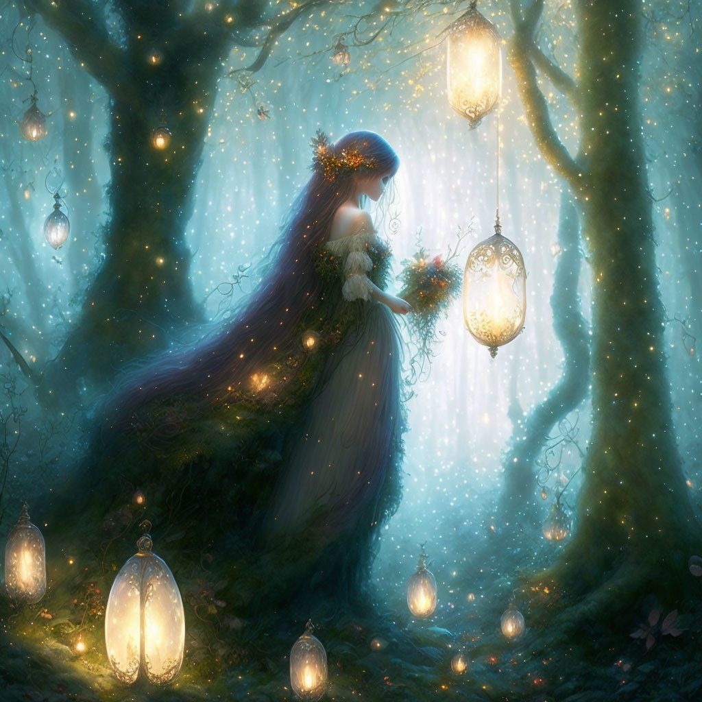 Enchanted forest scene with glowing lanterns and mystical woman