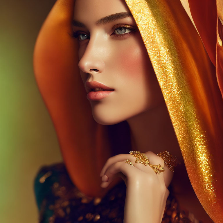 Pensive woman in golden headscarf and bracelet under warm lighting