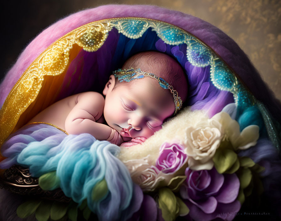 Newborn sleeping in colorful, fairy-tale setting with flowers and headband