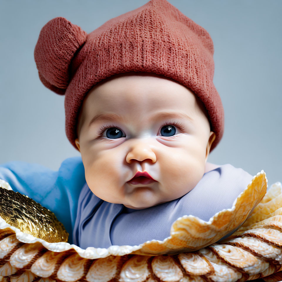 Wide-eyed baby in brown beanie and blue outfit in shell prop.