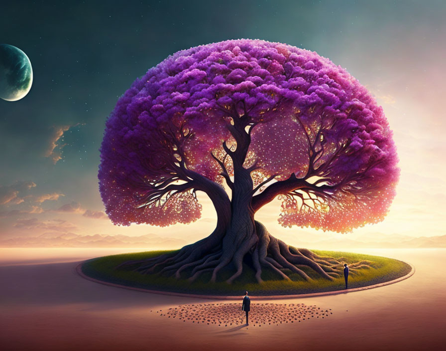 Fantastical tree with purple leaves on isolated landmass at twilight