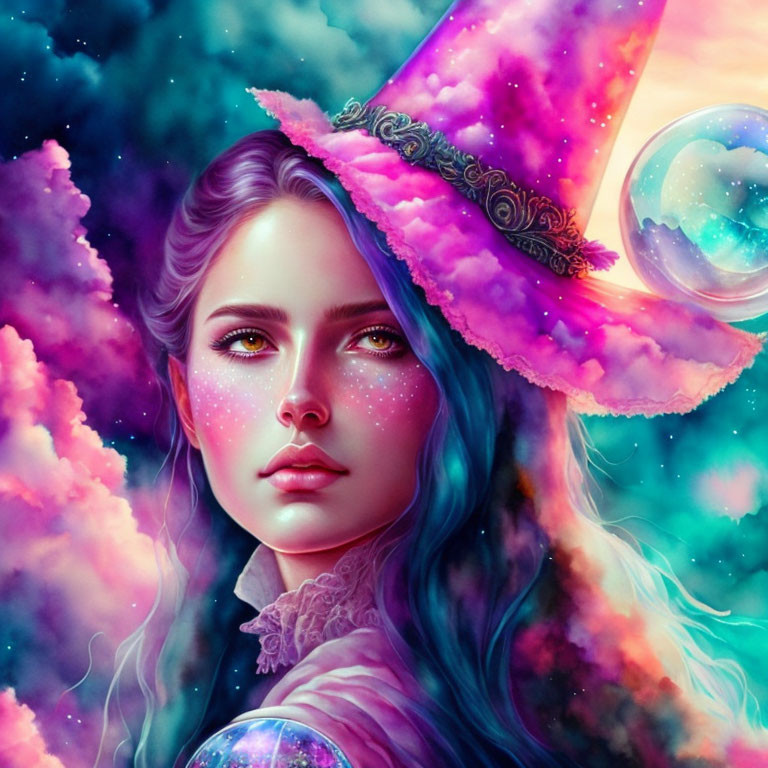 Fantasy sorceress digital art with galaxy-themed elements